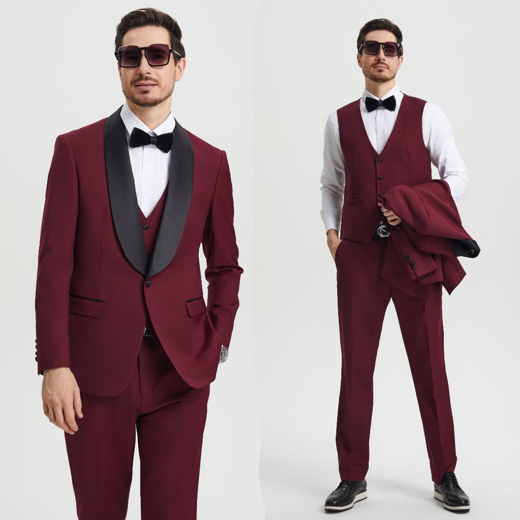 Stacy Adams 3pc Mens Tuxedo Hybrid Fit Shawl Lapel Burgundy